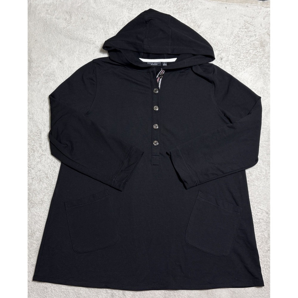 Susan Graver Pullover Hoodie Top Womens Size Large Black Nautical Gold Buttons